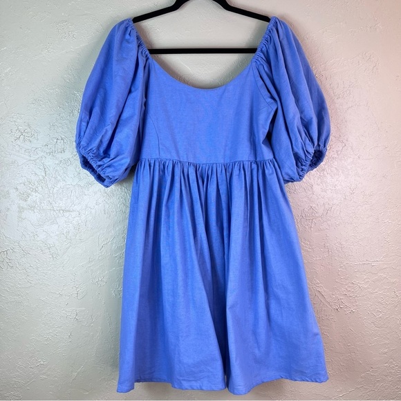 ELF Linen Handmade Puff Sleeve Blue Smocked Milkmaid Dress SIZE LARGE - Picture 9 of 9